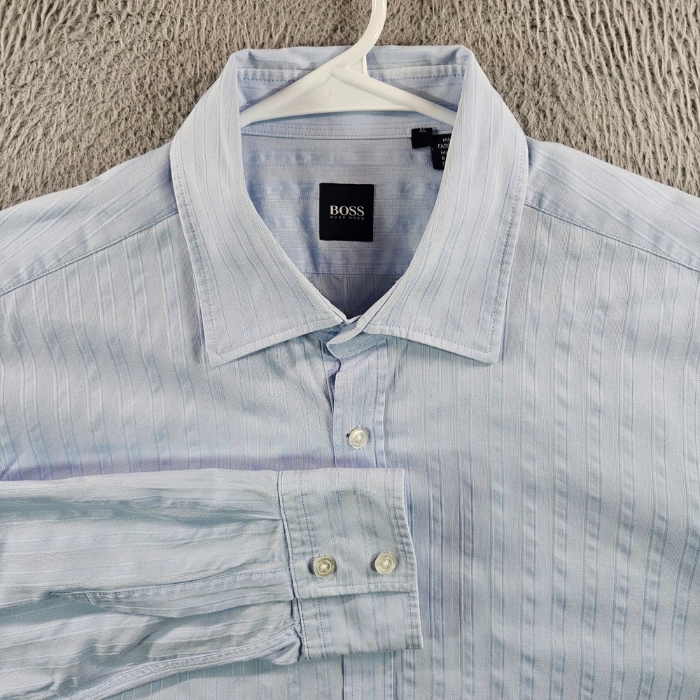 Boss Hugo Boss Dress Shirt Men XL Button Up‎ Long Sleeve Light Blue Striped